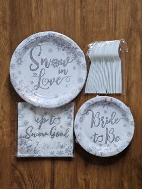 Bride to Be Winter Party Paper Plate & Napkin Set - White and Silver